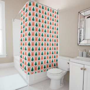 Red Green watercolor Merry Christmas tree pattern Shower Curtain