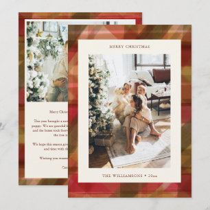 Red Green Watercolor Plaid Photo Christmas Message Holiday Card