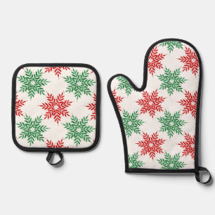 Red & Green Watercolor Snowflake Pattern 2 Oven Mitt & Pot Holder Set