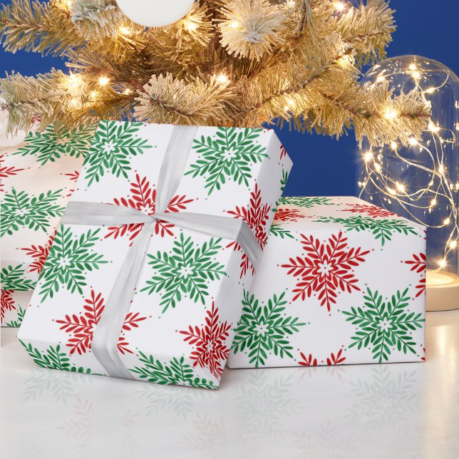 Red & Green Watercolor Snowflake Pattern 2 Wrapping Paper (Holidays)