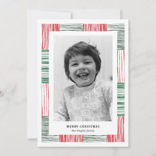 Red Green Watercolor Stripes Pattern One Photo Holiday Card