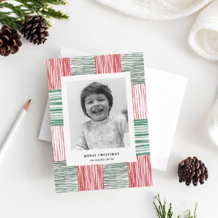 Red Green Watercolor Stripes Pattern One Photo Holiday Card