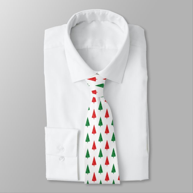 Red & Green Watercolor Tree Pattern  Tie (Tied)