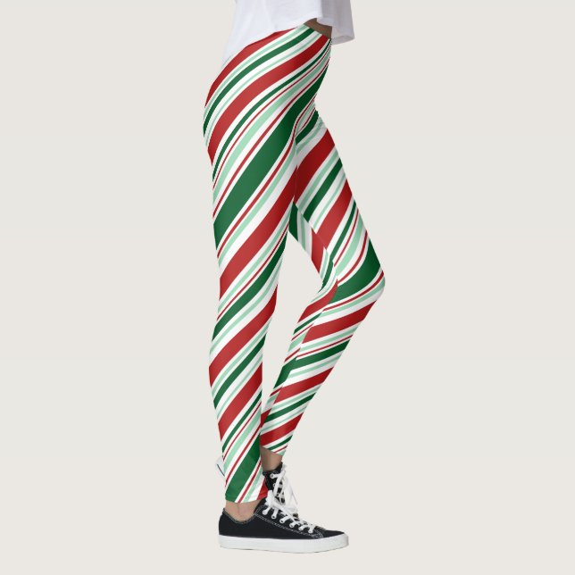 Red Green White Candy Stripes Christmas Pattern Leggings (Right)