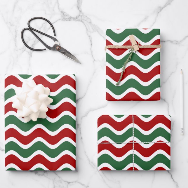 Red Green White Christmas Wave Stripes   Wrapping Paper Sheet (Front)