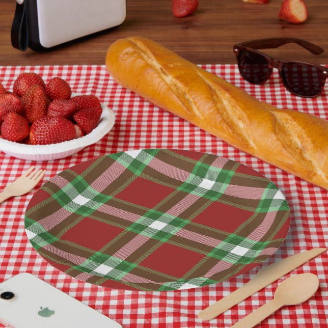 Red Green White Cool Red Lumberjack Plaid Pattern Paper Plate (Picnic)