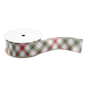 Red Green White Diagonal Plaid 1.5 Inch Grosgrain Ribbon