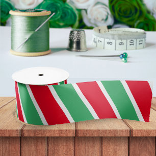 Red Green & White Diagonal Striped Christmas Satin Ribbon