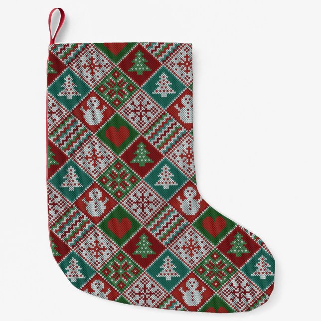 Red Green White Faux Knit Christmas Pattern Small Christmas Stocking (Front)
