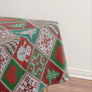 Red Green White Faux Knit Christmas Pattern Tablecloth