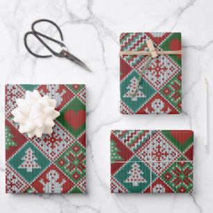 Red Green White Faux Knit Christmas Pattern Wrapping Paper Sheet