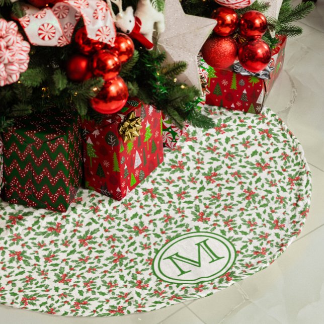 Red Green White Holly Berry Personalised Monogram Brushed Polyester Tree Skirt (Creator Uploaded)