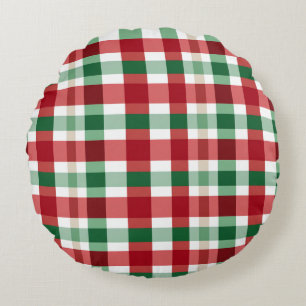 Red Green White Plaid Cheerful Rustic Homestyle Round Cushion