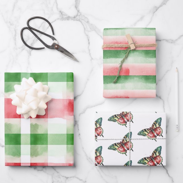 Red Green White Stripes Birthday Wrapping Paper Sheet (Front)