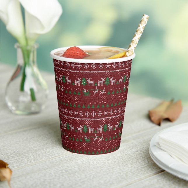 Red Green White Ugly Christmas Sweater Paper Cups (Insitu)