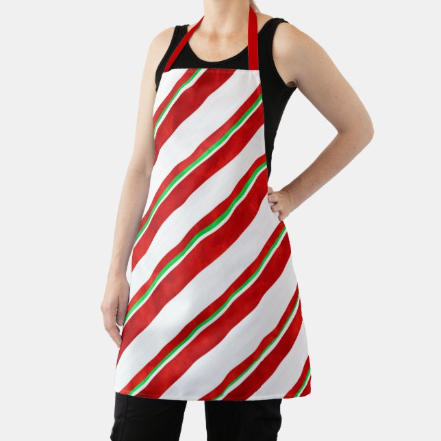 Red Green White Watercolor Candy Cane Stripes   Apron (Insitu)