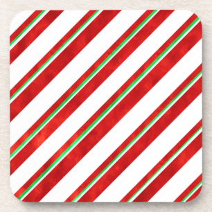 Red Green White Watercolor Candy Cane Stripes Coaster