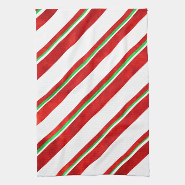 Red Green White Watercolor Candy Cane Stripes   Tea Towel (Vertical)