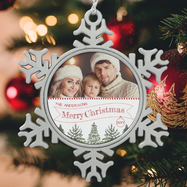 Red Green White Winter Tree Merry Christmas Snowflake Pewter Christmas Ornament (Creator Uploaded)