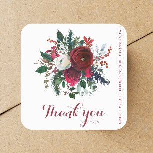 Red green winter peonies wedding  thank you square sticker