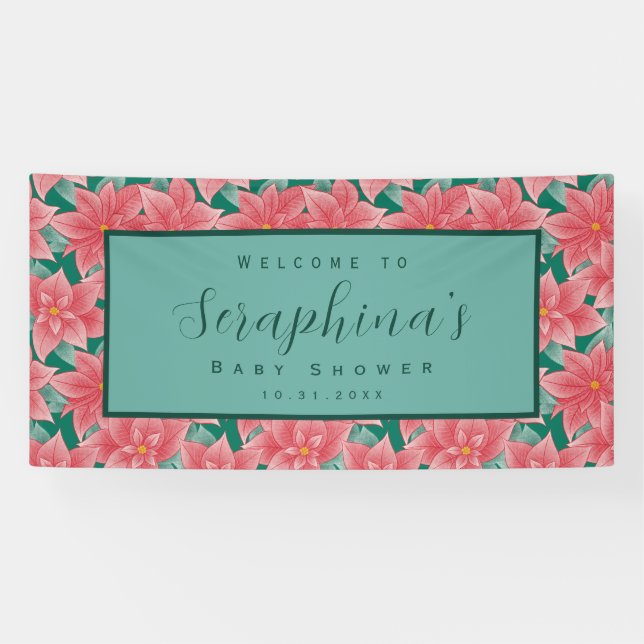 Red & Green Winter Poinsettia Baby Shower Banner (Horizontal)