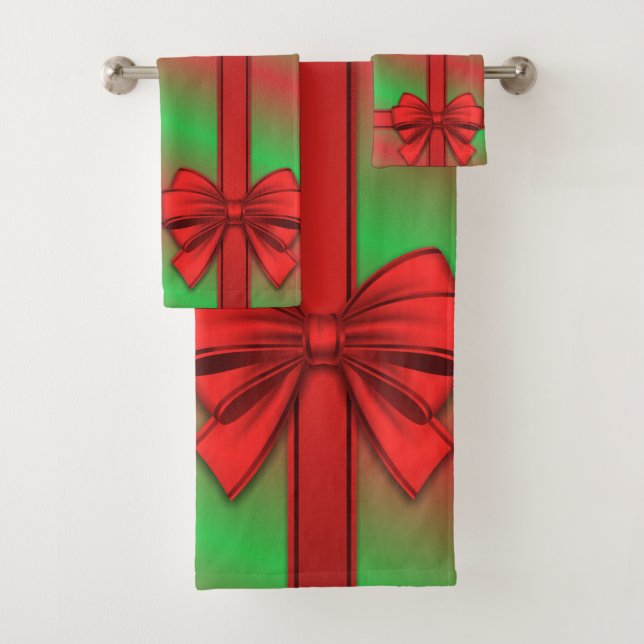 Red Green Wrapped Gift Holiday Bathroom Towel Set (Insitu)