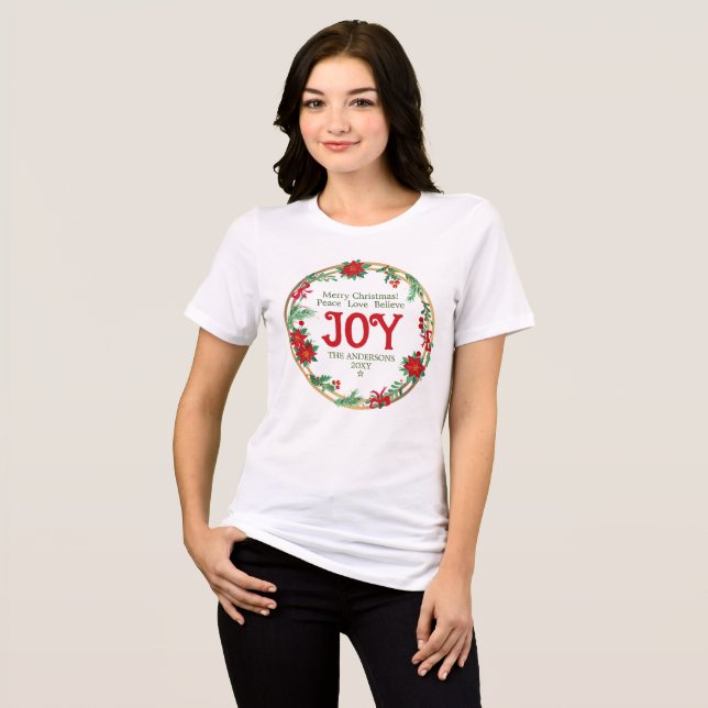 Red & Green Wreath Joy Matching Family Christmas Tri-Blend Shirt (Front Full)