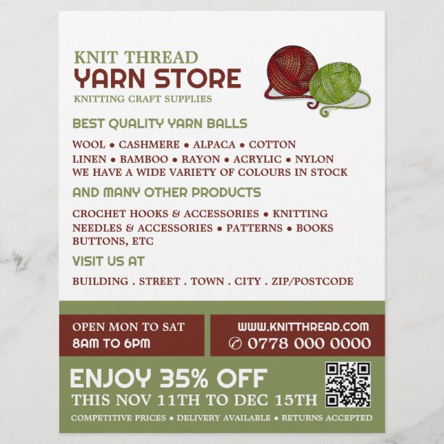 Red & Green Yarn, Knitting Store, Yarn Store Flyer (Front)