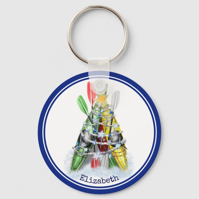red green yellow Kayak Christmas Tree personalised Key Ring (Front)