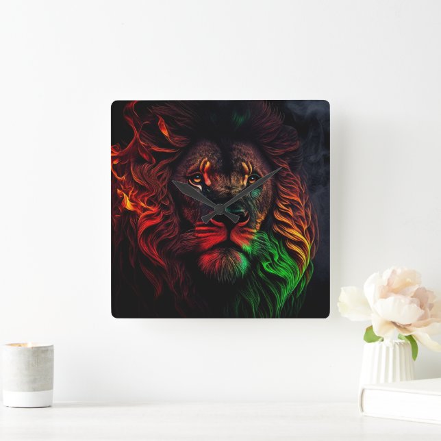 Red Green Yellow Lion 01 Square Wall Clock (Home)