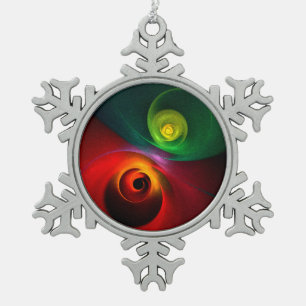Red Green Yin Yang Modern Abstract Art Pattern #20 Snowflake Pewter Christmas Ornament