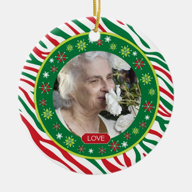 Red Green Zebra Print Memorial Photo Christmas Ceramic Tree Decoration (Front)