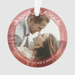 Red Greenery 1st Christmas Mr Mrs Wedding Photo Ornament