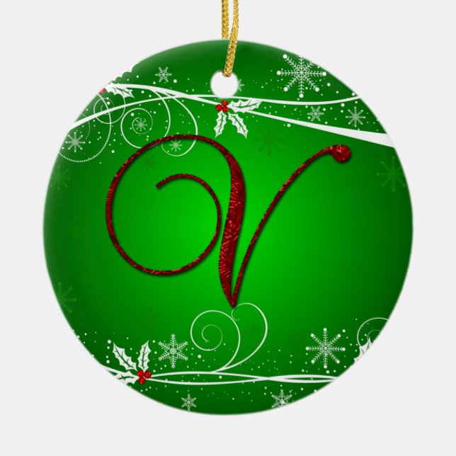 Red Greens Holly Initial V Christmas Ornament (Front)