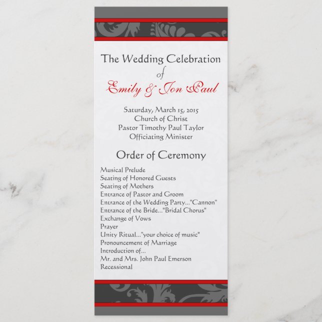 Red Grey 9x4 Damask Swirl Wedding  Programme (Front)