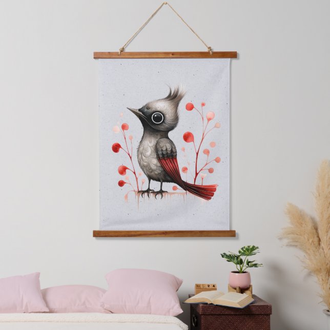 Red Grey and Black Abstract Mad Bird Hanging Tapestry (Bedroom)