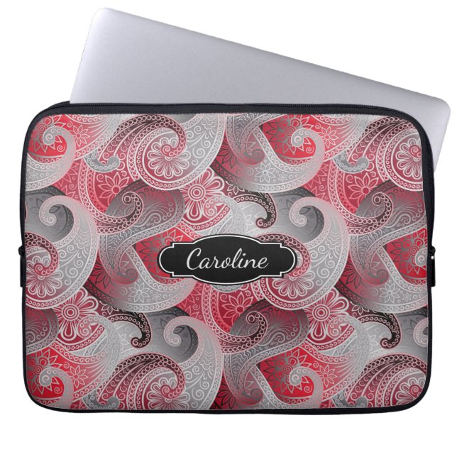 Red Grey and Black Paisley Pattern with Monogram Laptop Sleeve (Front)