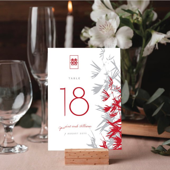 Red & Grey Bamboo Leaves Double Happiness Wedding Table Number (Creator Uploaded)
