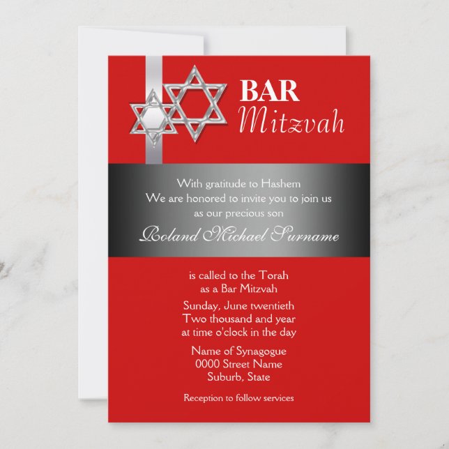 Red grey bar mitzvah celebrations invitation (Front)