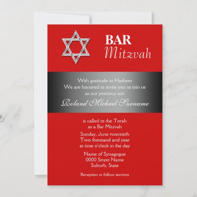 Red grey bar mitzvah celebrations invitation (Front)