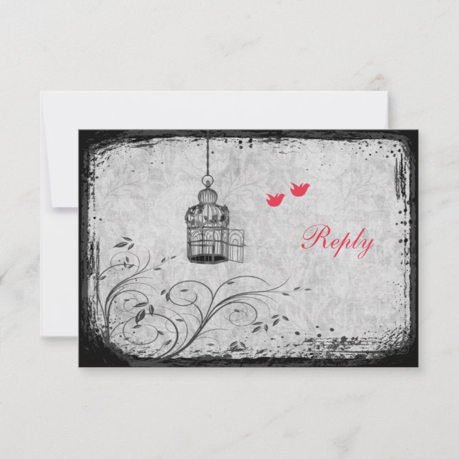 Red, Grey Birdcage Lovebirds Reply Card (Front)