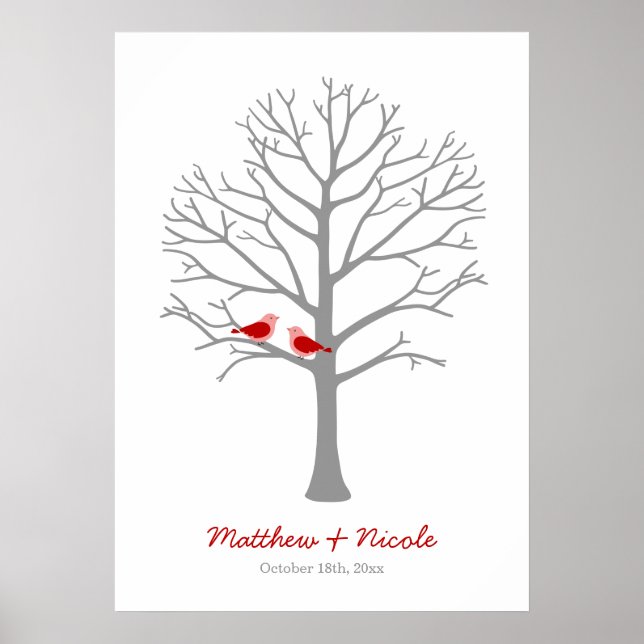 Red Grey Birds Fingerprint Tree Wedding Poster (Front)