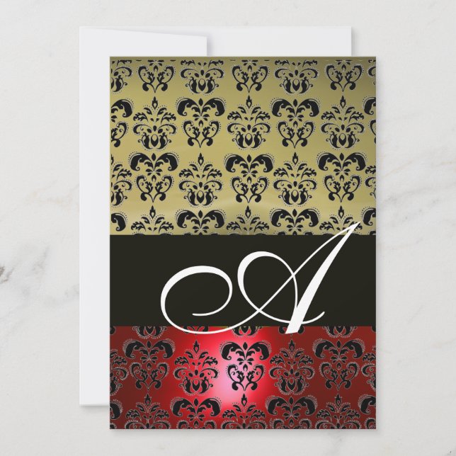 RED GREY BLACK  DAMASK MONOGRAM ,bright white Invitation (Front)