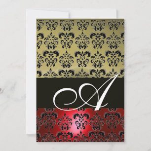 RED GREY BLACK  DAMASK MONOGRAM ,bright white Invitation