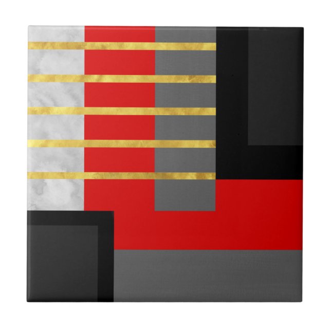 Red Grey Black Gold Geometric Block Tile (Front)