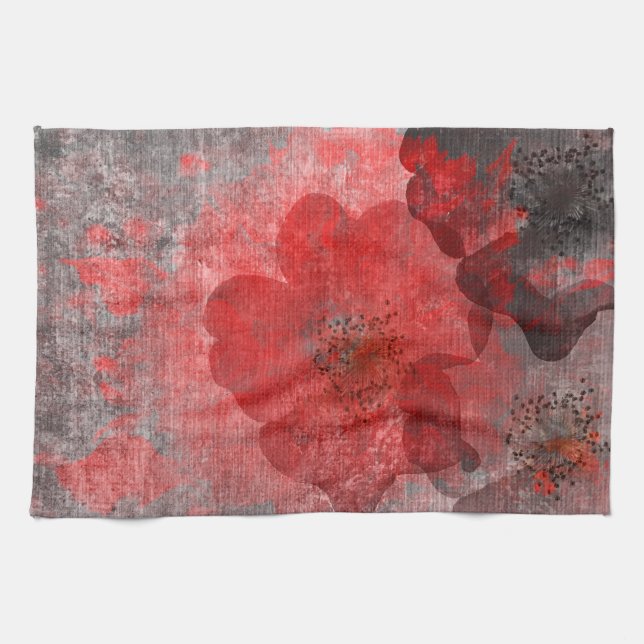 Red Grey Black Grunge Digital Graphic Art Design Tea Towel (Horizontal)