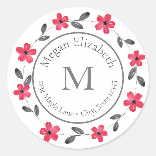 Red Grey Black Watercolor Floral Wreath labels (Front)