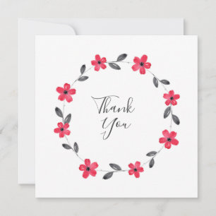 Red Grey Black Watercolor Floral Wreath Thank You Card