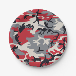 Red Grey Camo Camouflage Pattern Paper Plate