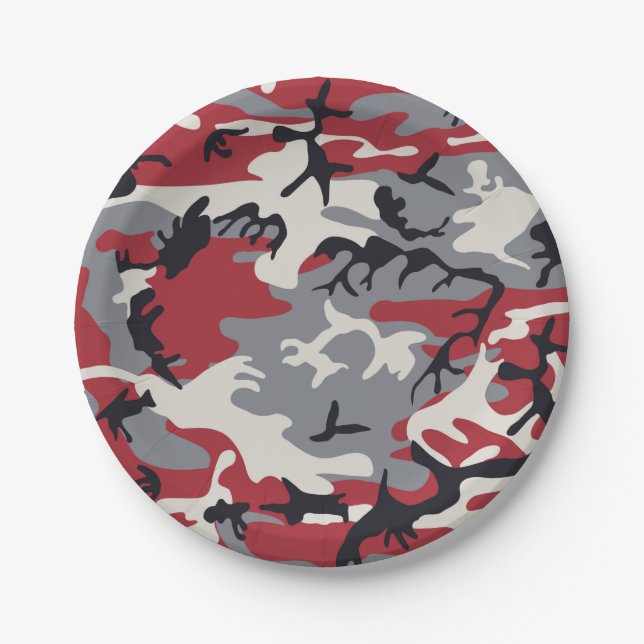 Red Grey Camo Camouflage Pattern Paper Plate (Front)